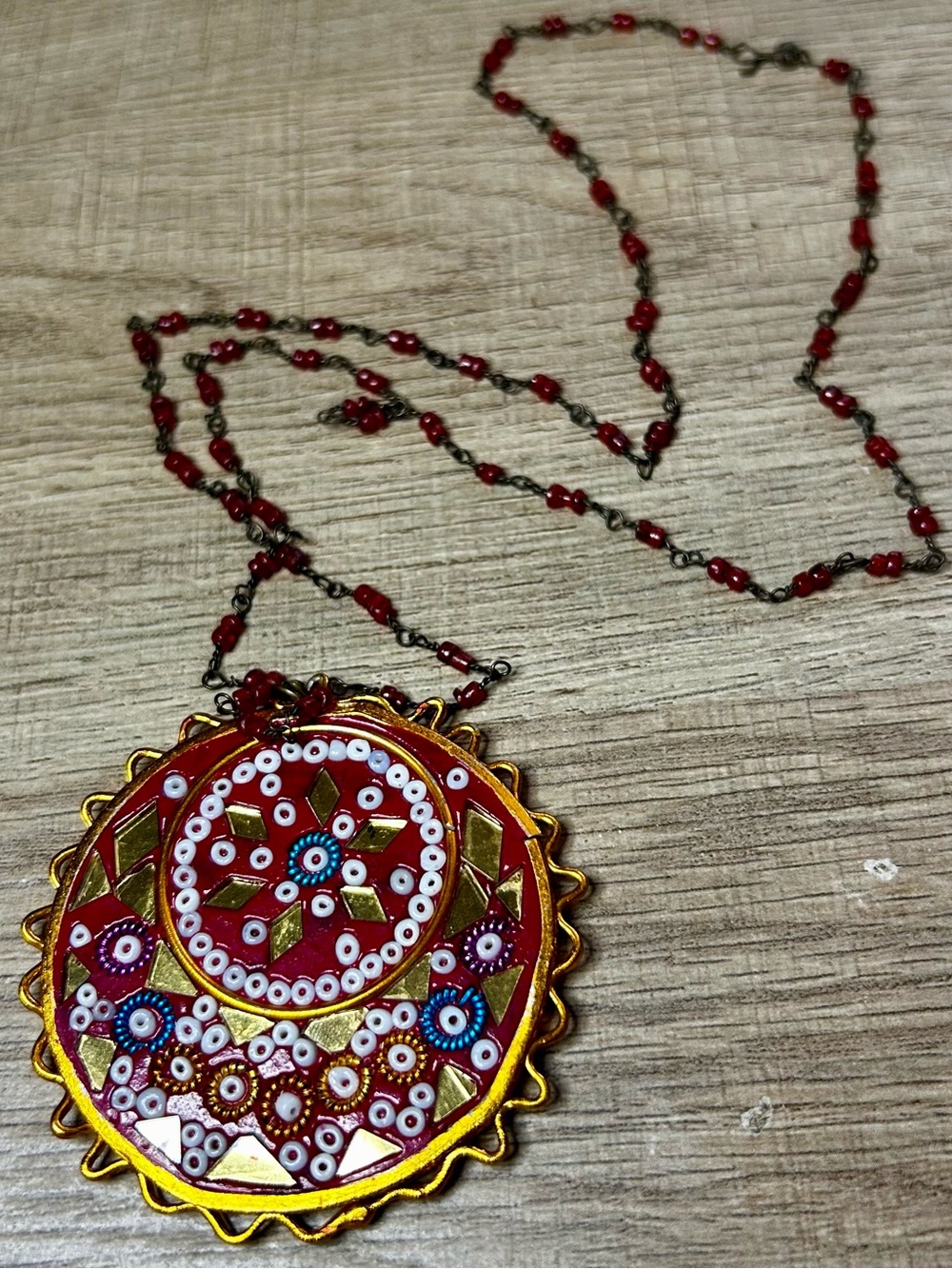 Vintage 70s Indian Clay, Mosaic Bead & Mirror Medallion Pendant Made in India - Picture 3 of 7